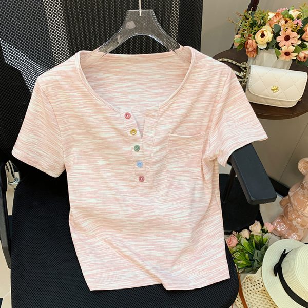 Summer Korean style tops buckle stripe T-shirt for women