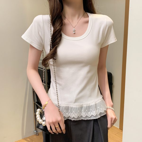 Lace clavicle T-shirt all-match summer tops for women